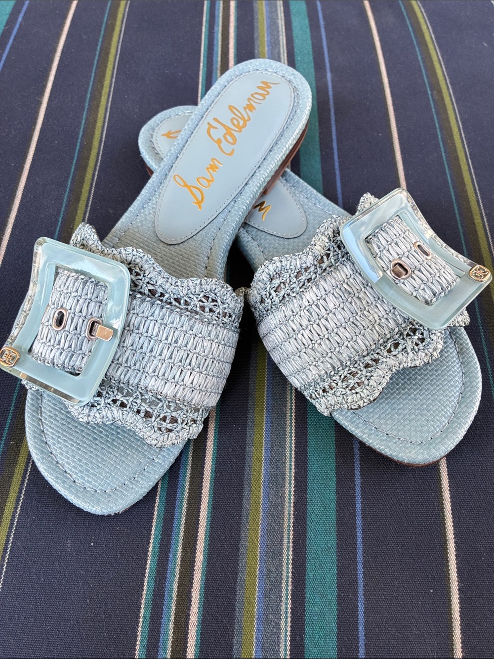 Sam Edelman Pale Blue Raffia Buckle Slide Sandals